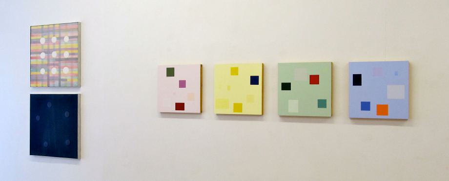 From left - Universal Order No. 1 and Universal Order No. 2 (1999), acrylic on canvas, set of 2, 24" x 24" each - Modular Quartet (2004), No. 1, 2, 3 & 4, acrylic on panel, 16" x 16" each